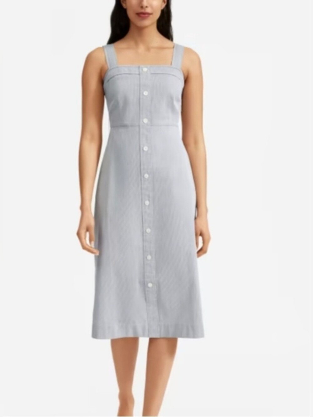 Everlane The Cotton Weave Picnic Dress in a navy and white striped pattern.